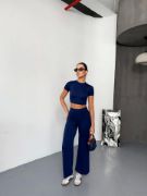 Osy Modal Yumuşak Dokulu Kumaş Kısa Kollu Crop Alt Ispanyol Paça Pantalon Ikili Takım - Lacivert resmi